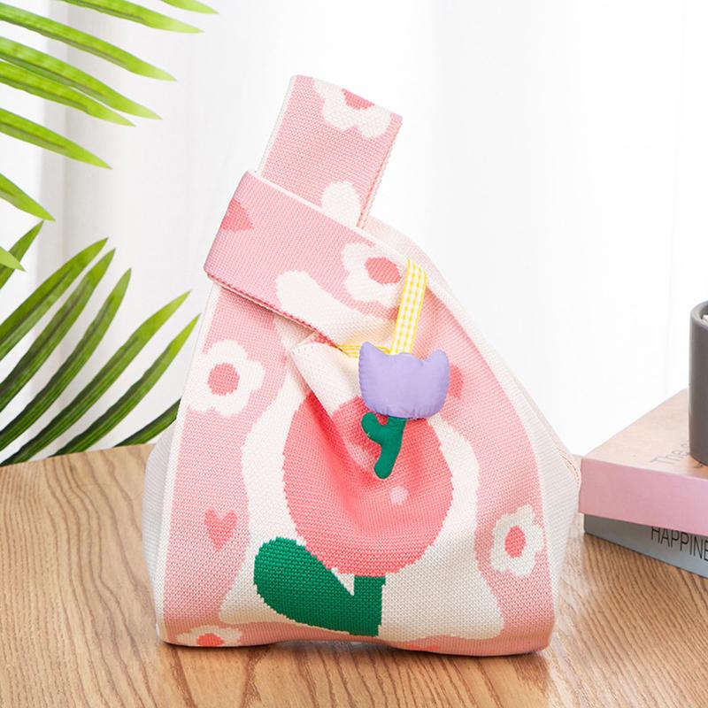 

Flowers Knit Handbag Knit Handmade Shopping Bags High-Capacity Knot Wrist Bag Girls Handbag Casual All-Match Bag рожевий