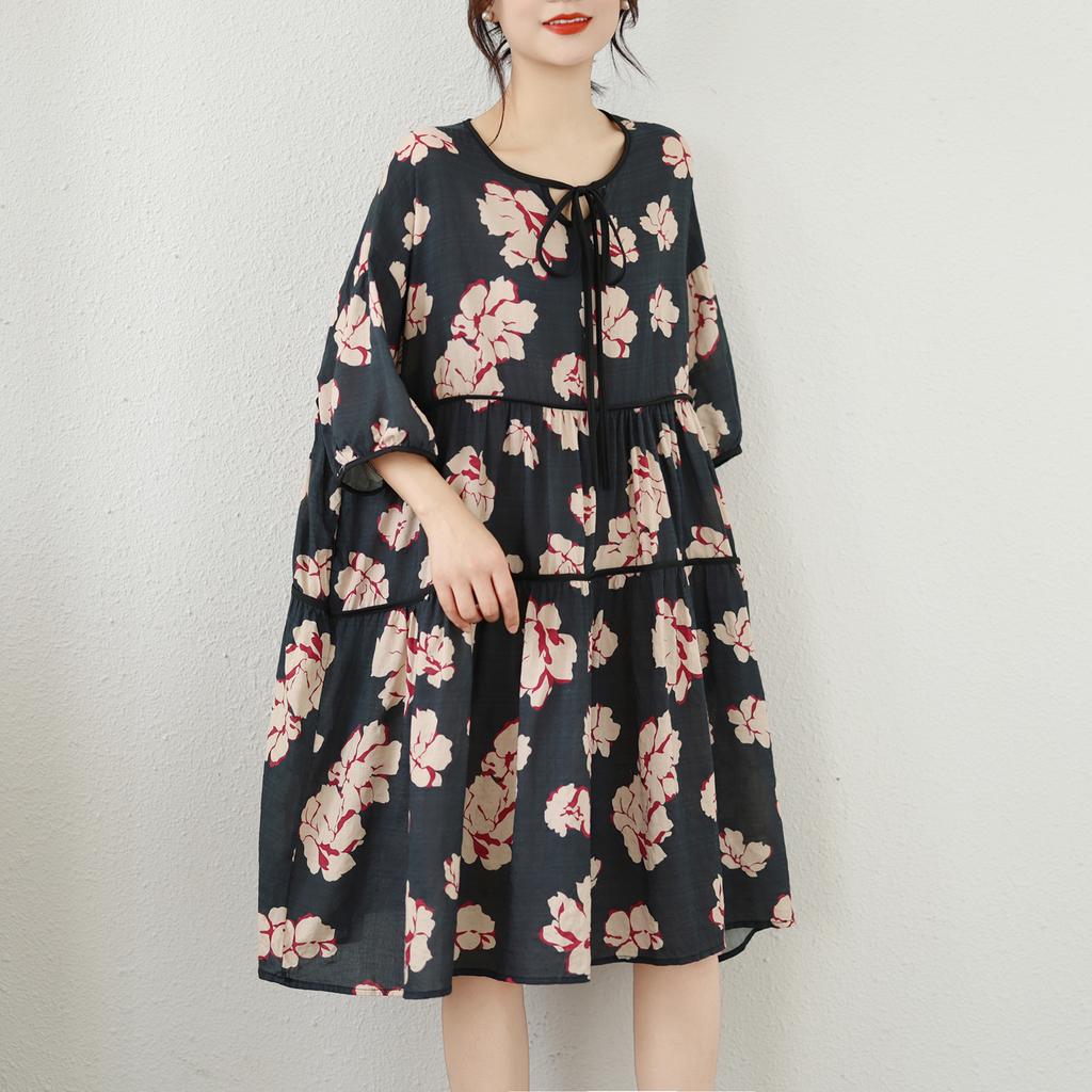 DIMANAF New 2026 Women Plus Size Summer Beach Print Long Dress Sundress Loose Oversize Maxi Lady Floral Cotton Dress