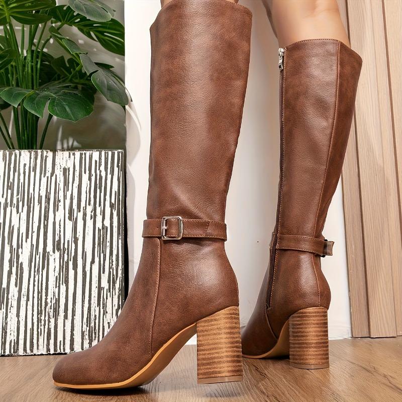 Dámské Elegantní Robustní Boty na Vysokém Podpatku - Hnědý Umělý Svršek, Zapínání na Zip, Celoroční Svatba, Párty, Formální Obuv - Pevné Podpatky pro Každodenní Nošení