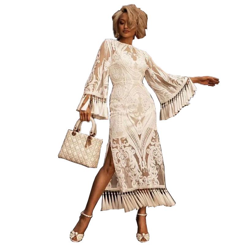 Elegant Lace Embroidery Tassel Evening Dress - Women's Two-Piece Set