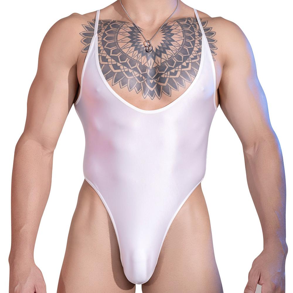 Sexy Men Deep V Neck Bandage High Cut Bodysuit Elastic Corset Body Shaper Glossy Shiny Vest Gay Leotard Backless Tank Top
