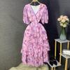 V-neck bubble sleeve printed dress women's summer new women's clothing high-end pleated cake skirt elegant style