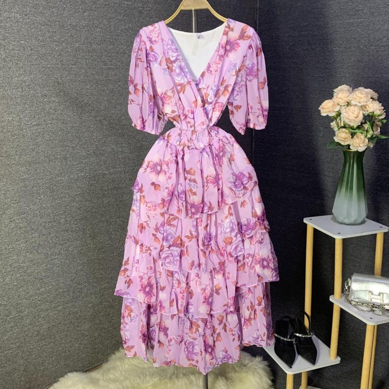 V-neck bubble sleeve printed dress women's summer new women's clothing high-end pleated cake skirt elegant style