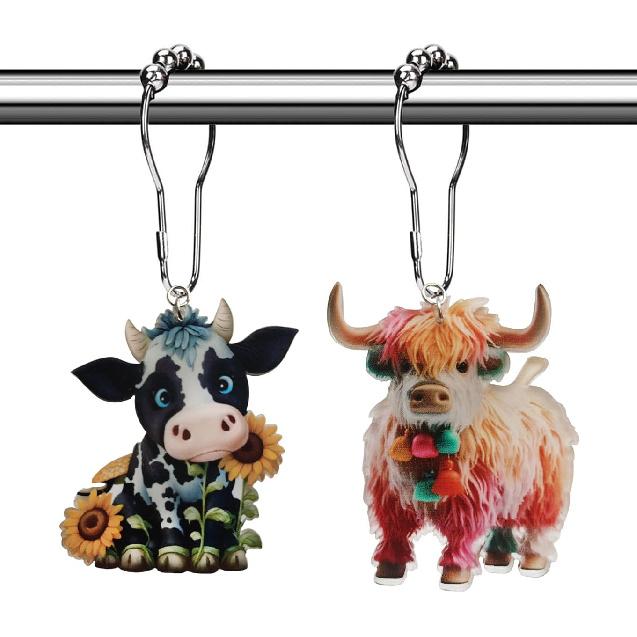 Cute Cow Shower Curtain Hooks Rings - Metal Silver Shower Curtain Hooks Rust Proof Western Farmhouse Shower Curtain Set Bathroom Accessory, Chic