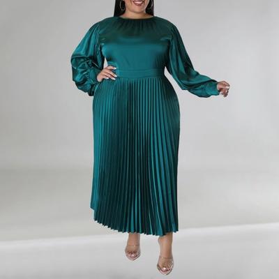 Women Dress Round Neck Lantern Sleeve Large Size Maxi Dress High Waist Pleated