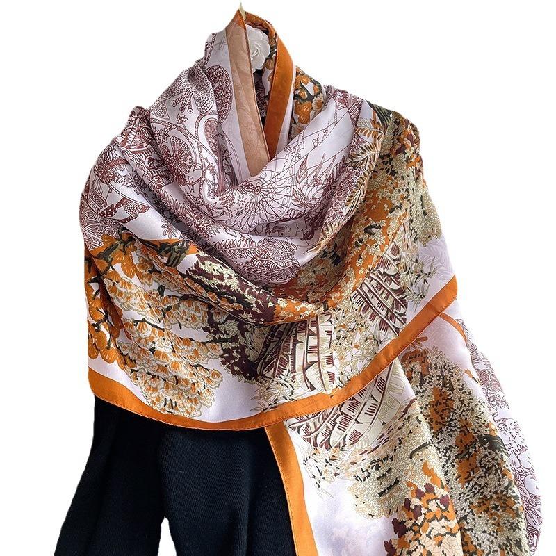 Literary Korean Version New Style of The New Forest Printed Silk Scarf for Women Dual-purpose Shawl for Summer Sun Protection Beach Scarf Outside