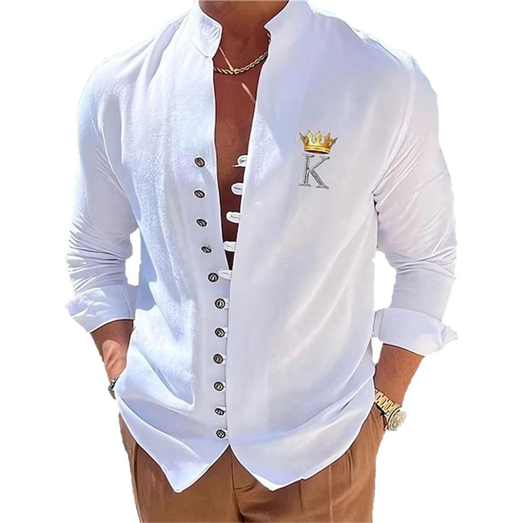 Camicia classica da uomo a maniche lunghe con colletto alla coreana, vestibilità casual, alla moda giovanile, da uomo