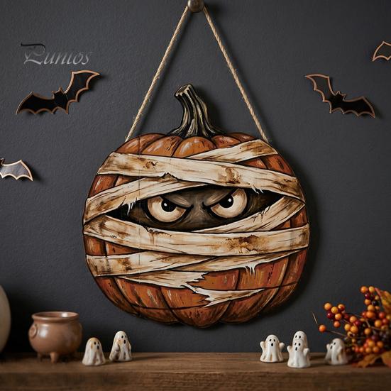 Decorative Hanging Party Sign Halloween Mummy Pumpkin Sign, Retro Wooden Pendant with Poplar Wood Holiday Plaque Hemp Rope for Front Door Wall
