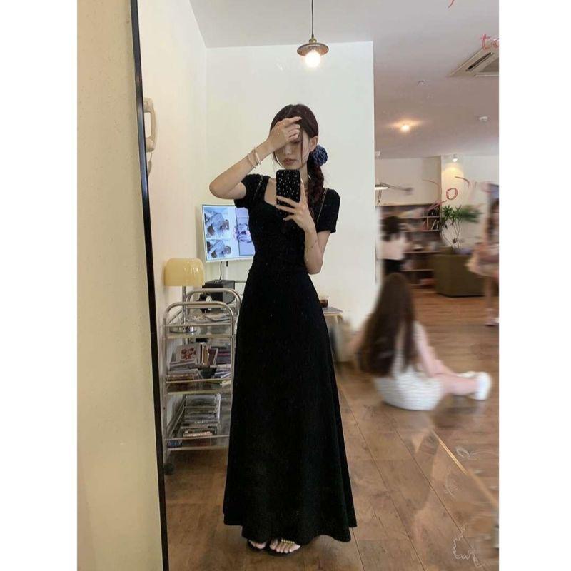 Korean Chic 2025 Petite French Black Summer Dress for Women: High-End Elegant Style