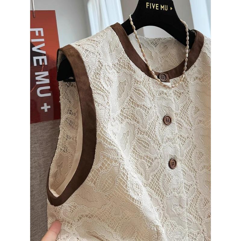 Women Lace Sleeveless Round Neck Single Breasted Vest Top
