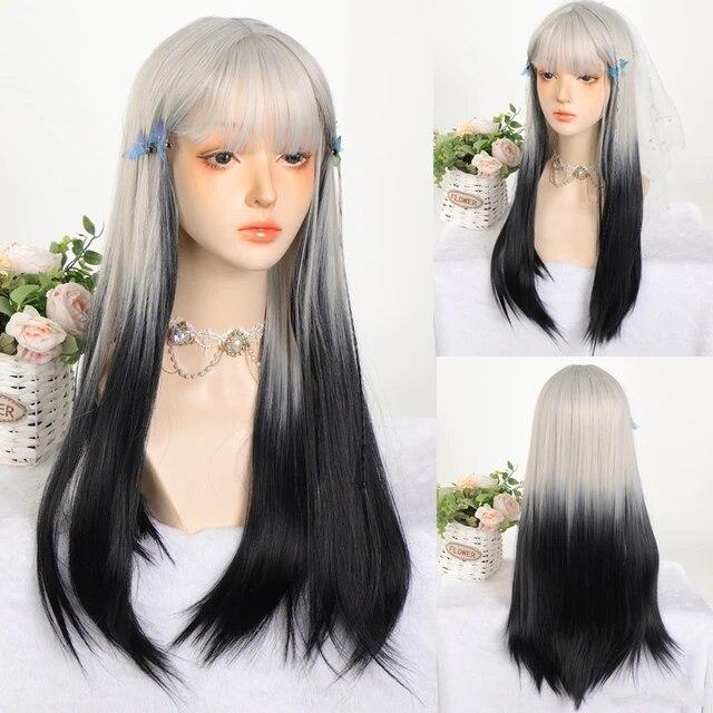 Synthetic Natural Black Wigs Long Wavy Wig for Women with Bangs Halloween Party Daily Heat Resistant Fibre Hair Wigs