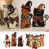 Retro Farmhouse Shelf Display Rustic Wooden Cat Ornament, Vintage Halloween/Flower Wood Tabletop Signs, Witch Hat Decor Distressed Animal Figurines