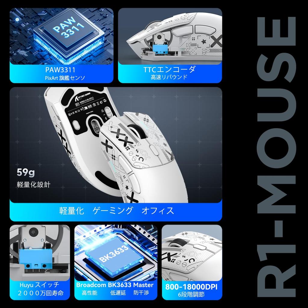 ATTACK SHARK X ZIYOU LANG R1 Gaming SUPERLIGHT Bezprzewodowa 6 Biała Mysz, 2.4GHz/Bluetooth/Type-C PAW3311, 18000DPI, Ultralekka 59g, Akumulatorowa,
