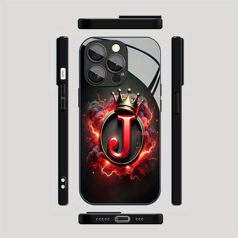 Crown Flame Letter J Pattern Tempered Glass Phone Case for iPhone 17 16 15 14 13 12 11Pro/Max/Plus, Drop & Shockproof Back Cover