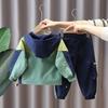 Boys' Spring/Fall Sports Set: Color Blocked Hooded Jacket + Pants Casual Two-Piece Set