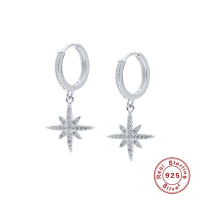 Pendientes de Aro de Plata de Ley 925 con Estrella Octogonal de Diamante para Mujer Pendiente Perforado Pendientes Hebilla para la Oreja Joyería Pendientes