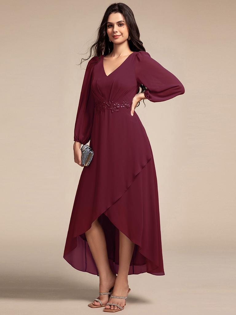 Ever-Pretty Women's Waist Applique Lantern Sleeve Chiffon Evening Dresses with Asymmetrical Hem