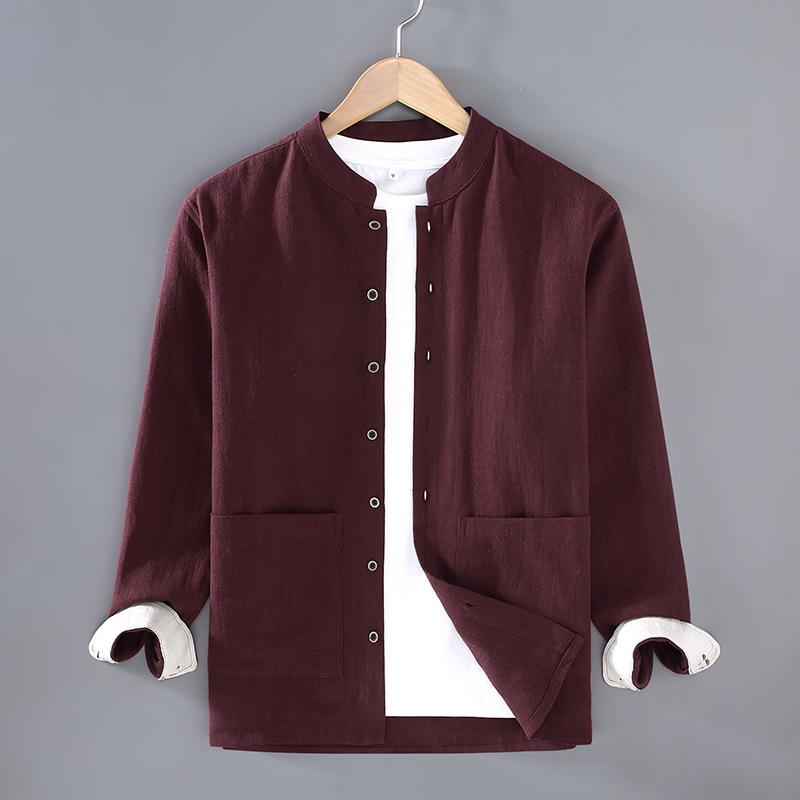 

Весенне-летние мужские куртки в китайском стиле, тонкое пальто из хлопка и льна, с большим карманом, на пуговицах, со стойкой, традиционная мужская одежда M кларет
