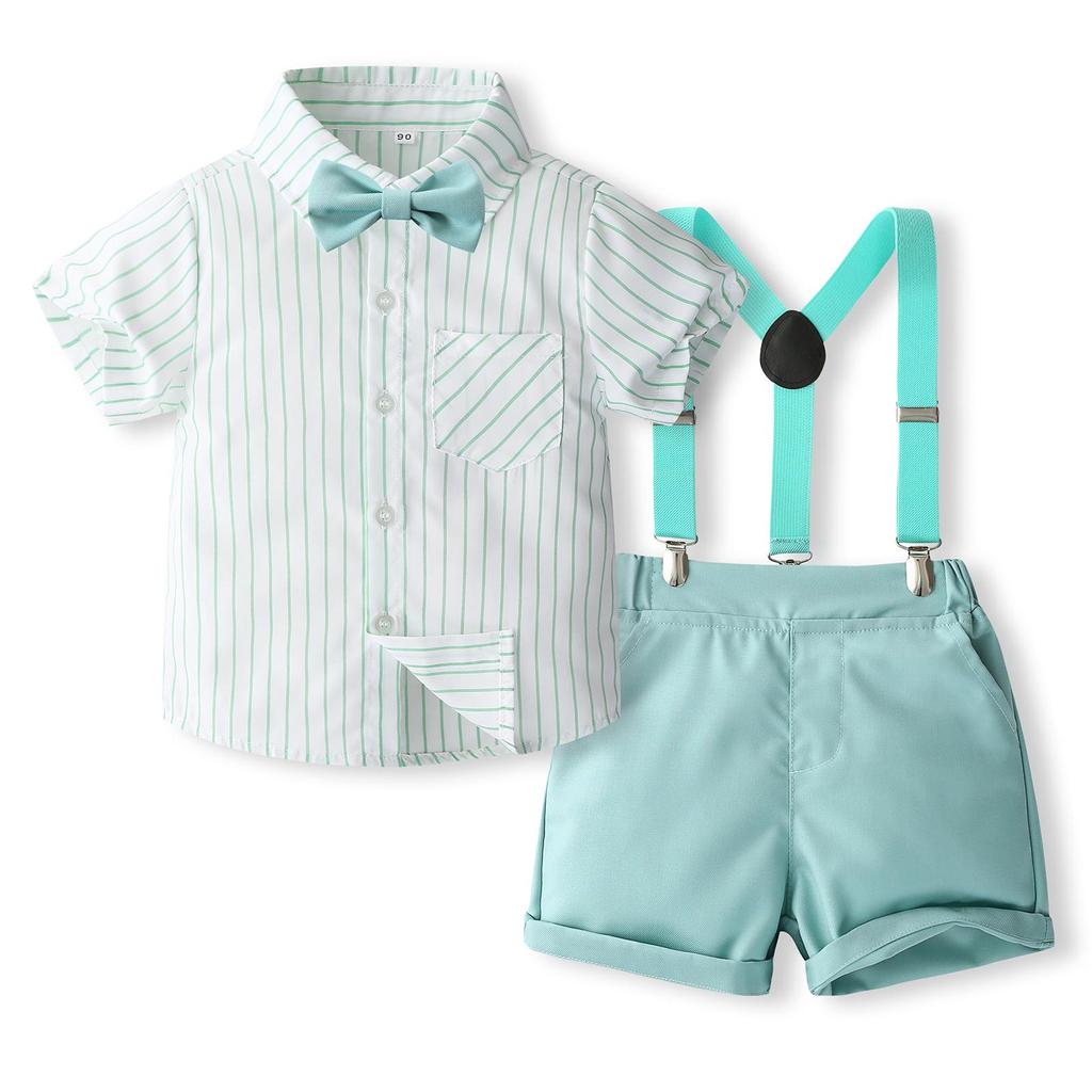Cheap Boy Gentleman Outfit Vertical Stripe Print Short Sleeves Shirt