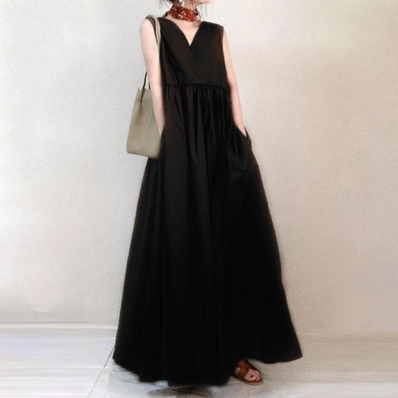 Elegant V-Neck Sleeveless Midi Dress With Pleated Skirt High Waist Cotton Linen Blend Women Office Chic Small чёрный