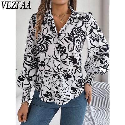 Women's Fashion Casual Spring Fall Flower Pattern Print Long Sleeve POLO Neck Blouses & Shirts