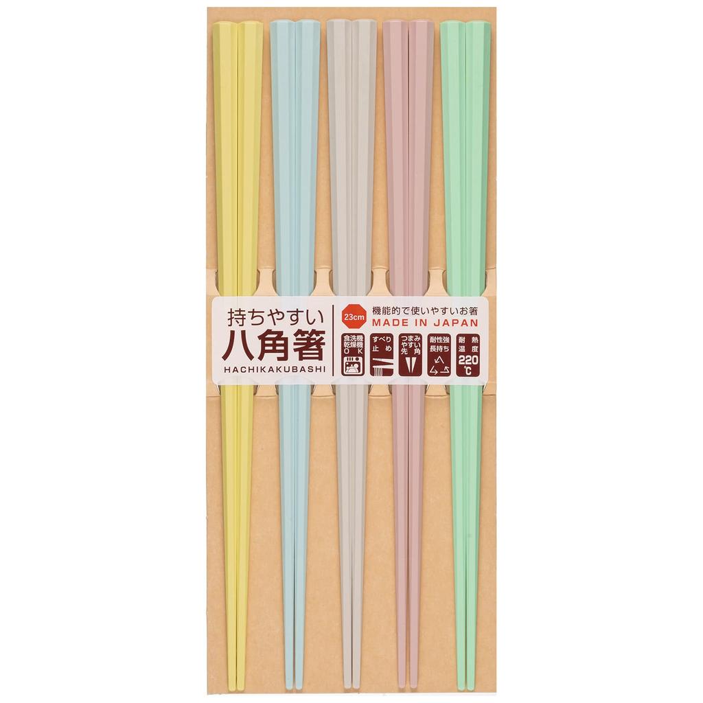 Sunlife Octagonal PBT Pastel Made in Dishwasher Set of 5 Chopsticks, Design, Japan, Safe, 23cm,