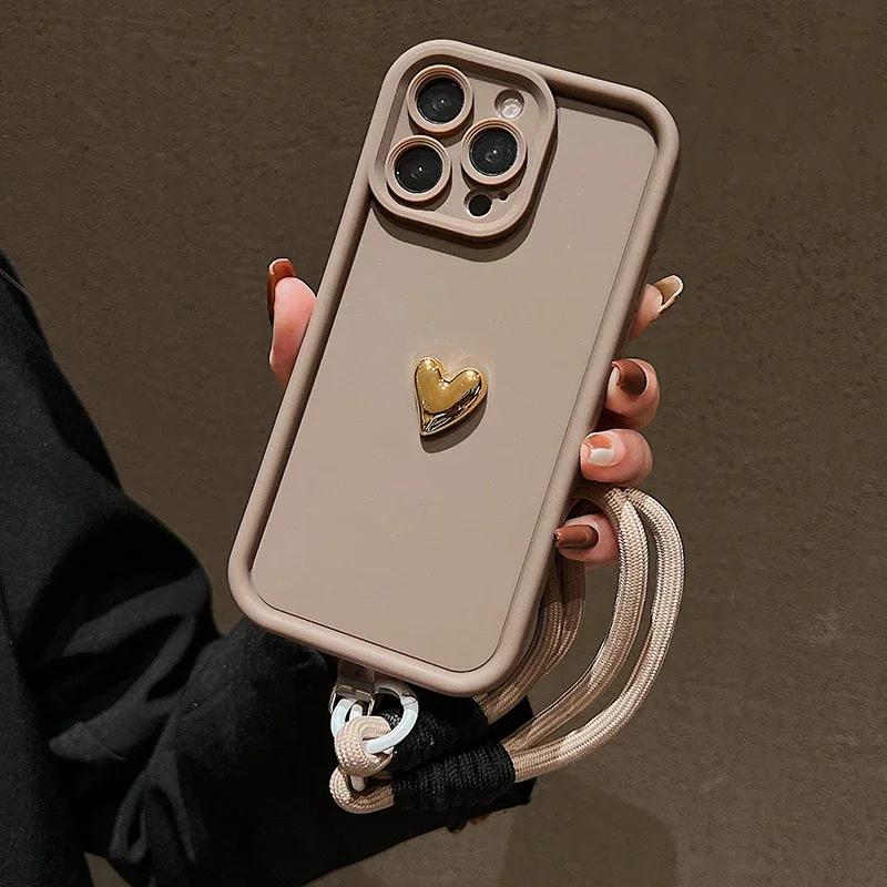 3D Gold Heart Soft Lanyard Rope Case For Xiaomi Mi 14 13 12 11 Lite 5G 13T 14T Pro Poco X7 X6 F5 X3 M6 Pro 4G Hand Strap Cover