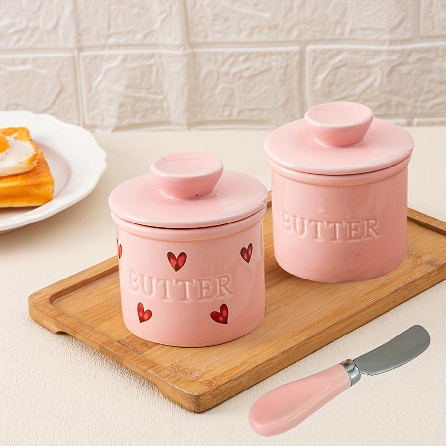 Comfortable Home Life Pink 1Pc Ceramic Butter Crock With Lid & Knife, Elegant French Butter Crock Butter Dish For Spreadable Soft Butter, Porcelain Bu