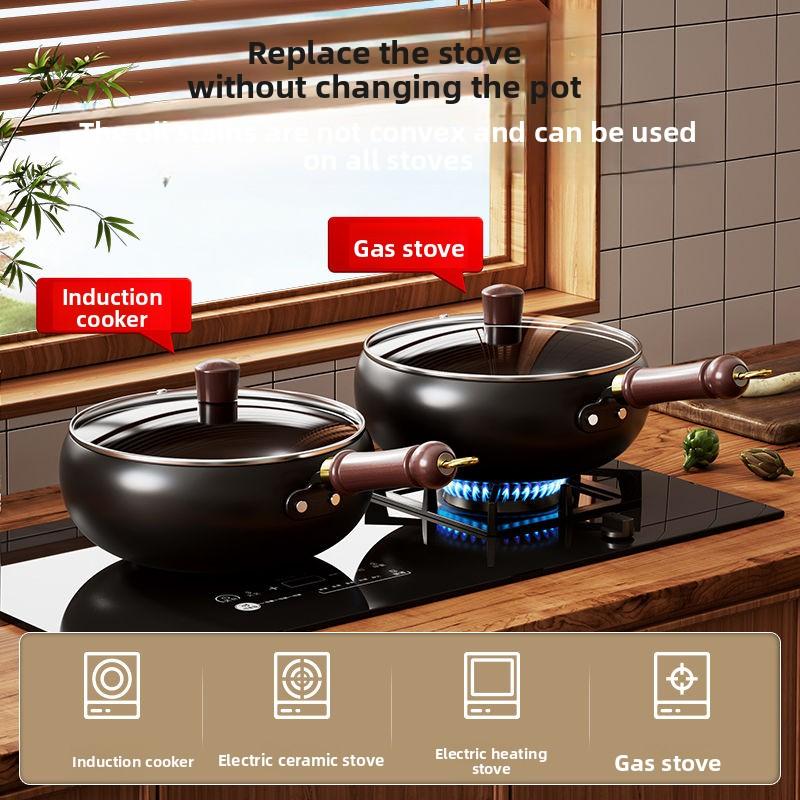 Handgefertigter großer Bauchtopf Authentischer Eisenkochtopf Traditioneller Milchkessel Haushalts-Wok Pfanne Ohne Beschichtung Flache Antihaftpfanne Bratpfanne