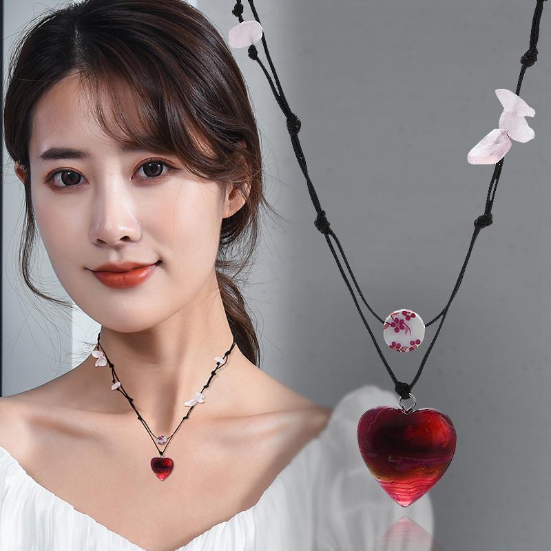 Sweetheart Trendy Style Heart Beaded Necklace Made With Sparkling Crystal Red