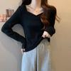 New Autumn Outfit V-neck Base Shirt for Women's Design Long-sleeved T-shirt Student Slim Velvet Top