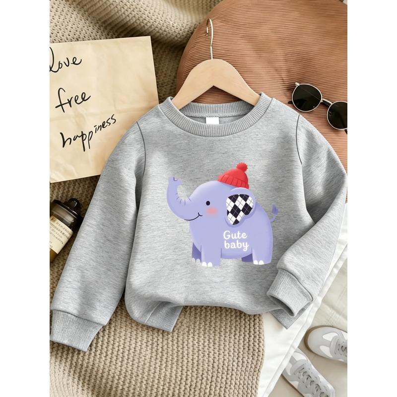European sizes Cute Elephant Print Kids' Spring Lightweight Round Neck Sweatshirt, Comfortable Design, Great Choice for Outdoor Wear, Ages 0-3