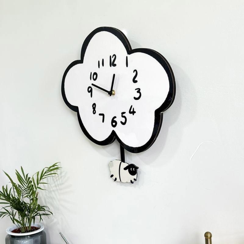 Mute Wall Hanging Clock with Quiet Movement and Swing Sheep Pendulum Cartoon Cloud Shape for Children Bedroom Decors