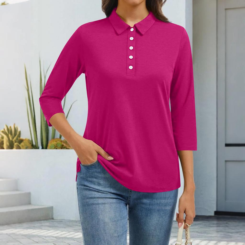 Women's Fashion Casual Lapel Short 3/4 Sleeve Solid Color Shirt Women's Button Up Tops
