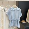 Damen Polokragen Kurzarm Bluse Lockere Passform Lässiges Gürtel-Taille Binden Vorne Hemd Sommer Leicht Flatterärmel Oberteil