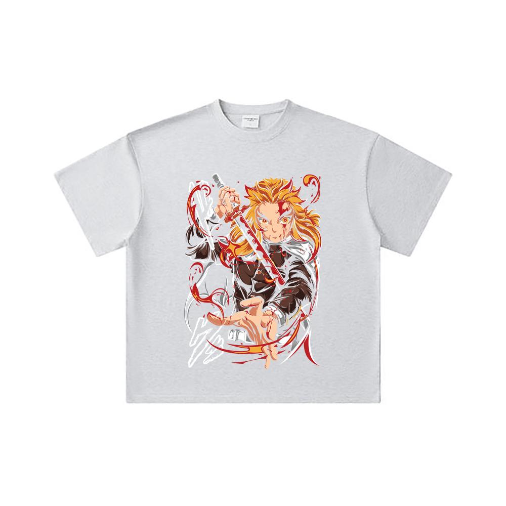 260 GSM Double Yarn 32 Count 100% Cotton Demon Slayer V85 Rengoku Print Unisex Heavy Cotton T Shirt