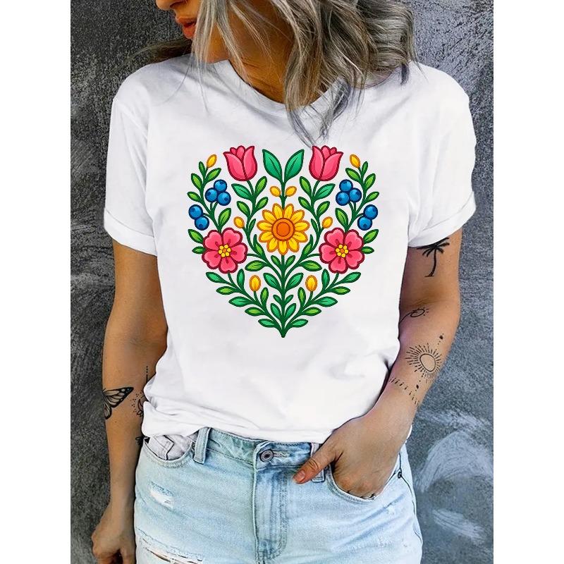 Vibrant Floral Print Design for Women'S Stylish Casual Round-Neck T-Shirt for Spring and Summer