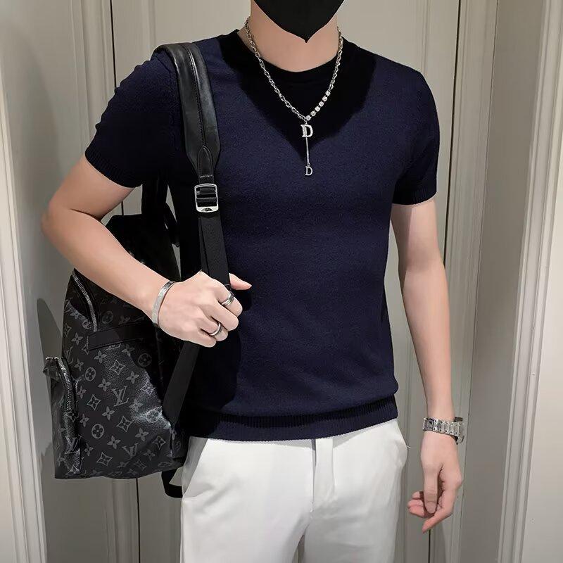 Knitted Sweater T-Shirt Men'S Short-Sleeved Korean Version Slim-Fitting Inside Trendy Knitted Bottoming Shirt Half-Sleeved T