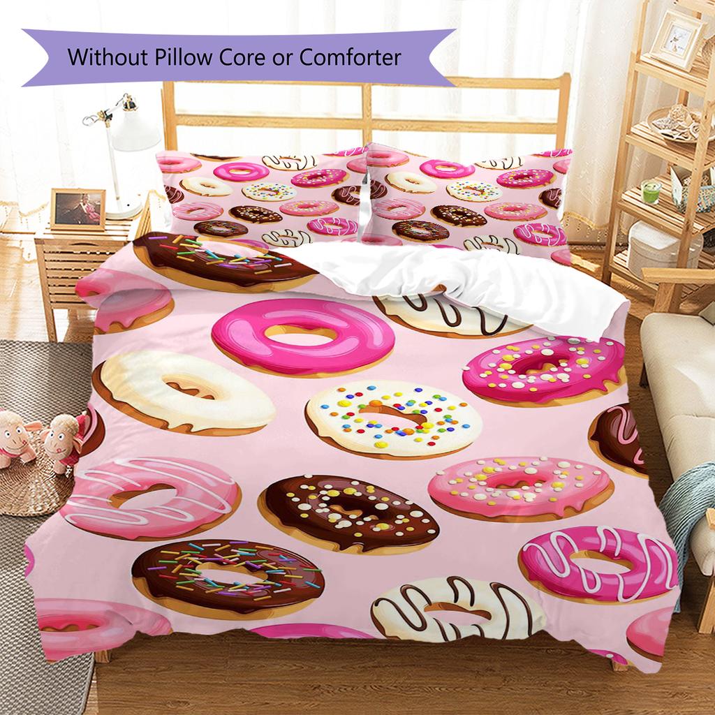 Pościel z wzorem kreskówkowych pączków Zestaw kołdry Poszewka na kołdrę Poszewka na poduszkę Dekoracja domu Prezent (1 * poszwa na kołdrę + 2 * poszewki na poduszki, bez rdzenia)