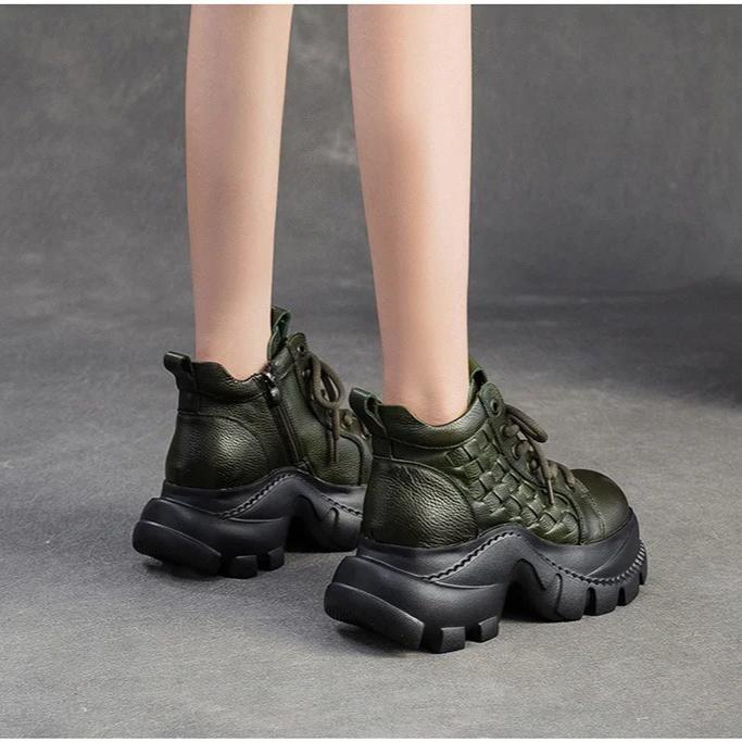 Johnature Retro Genuine Leather Thick Soled Short Boots Comfortable Side Zipper Women's Platform Shoes