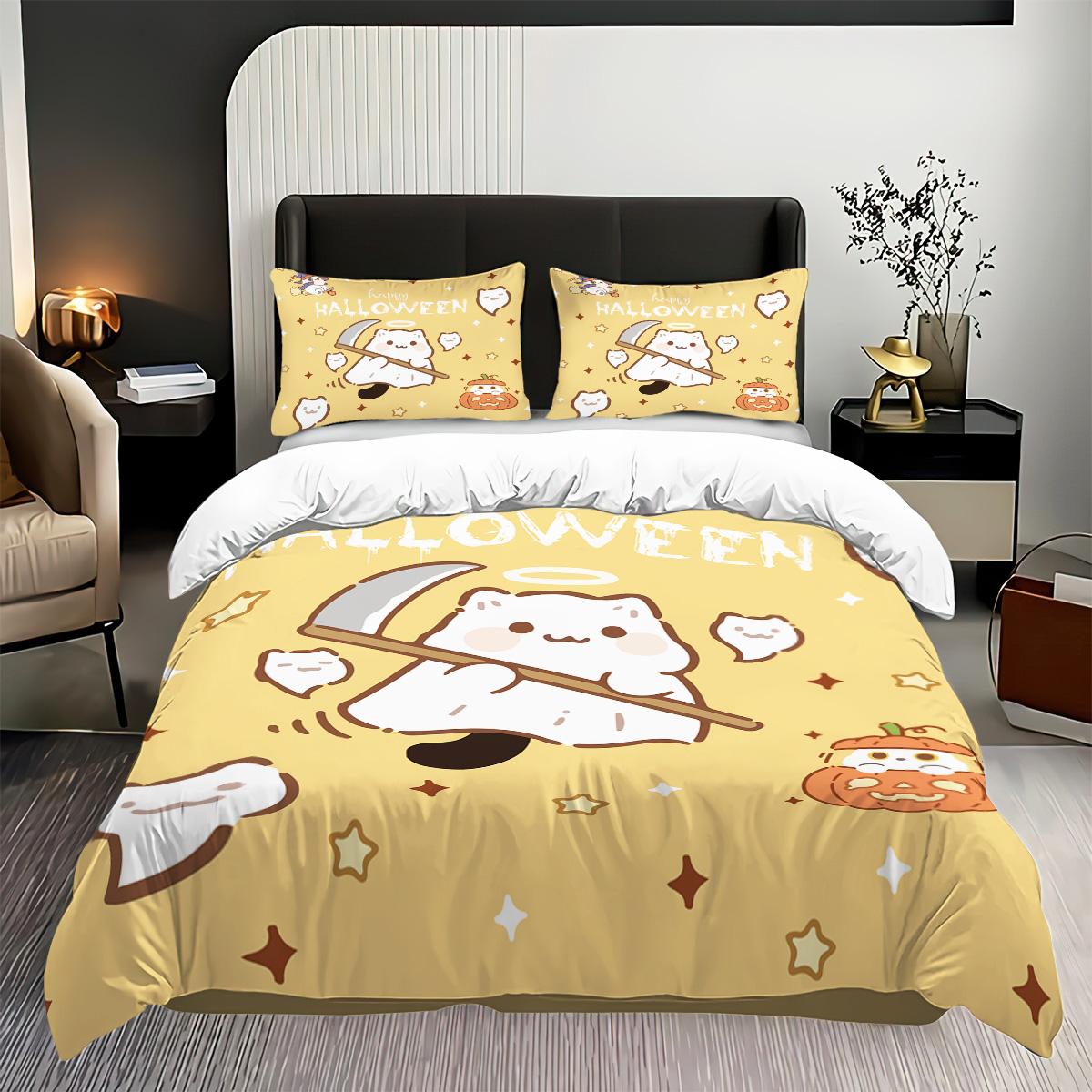

3pc Halloween Ghost Reaper Print Bedding Set Coreless Comfortable Multiple Sizes Machine Washable 1 Duvet Cover+2 Pillowcases 135x200cm-EU-Single&set