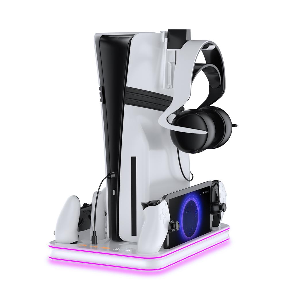 PS5 Slim/Pro Console Multi-function Cooling Storage Stand with Headset Hanging Rack,RGB Colorful Light