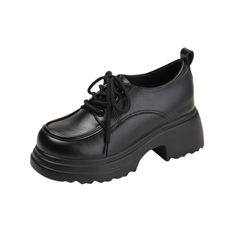 Women's Genuine Leather Thick-Soled Lace-Up Loafers, High-Heeled, British Style, Autumn/Winter 2024.