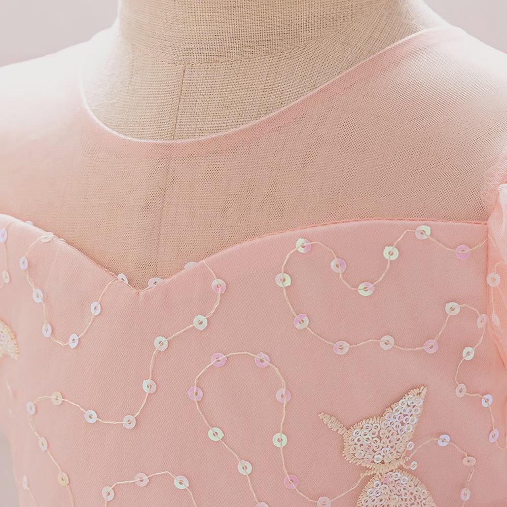 One-Year-Old Pink Puff Sleeve Flower Girl Princess Dress with Mesh Skirt