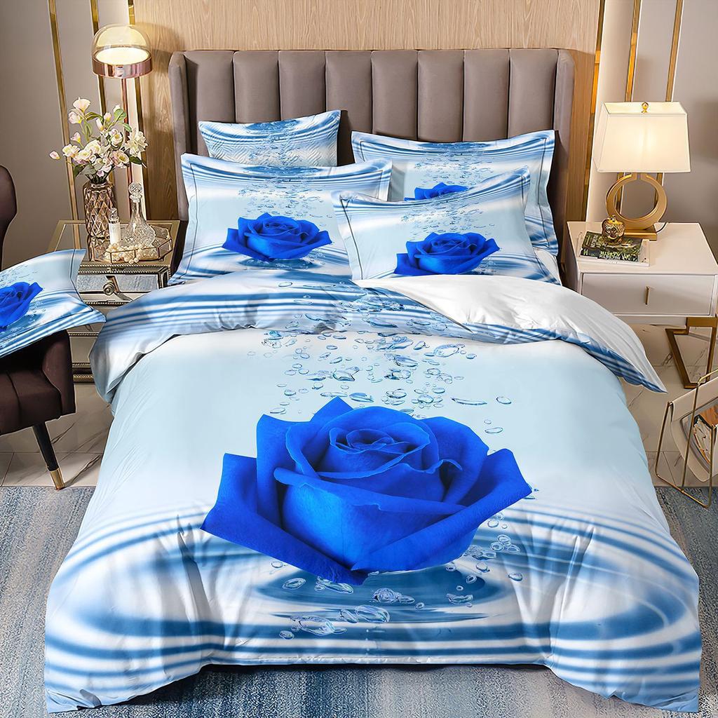 Three-Piece Rose Floral Style 3D Printed Quilt Cover Home Textile Bedding Kit