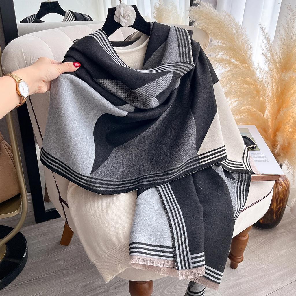 Winter Blanket Scarf Shawl For Women Warm Pashmina Geometric Color Blocks Print Wrap Imitation Cashmere Foulard Scraves
