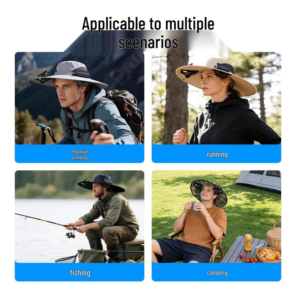 Solar-Powered Multifunctional Fan Hat with Wide Brim for UV Protection