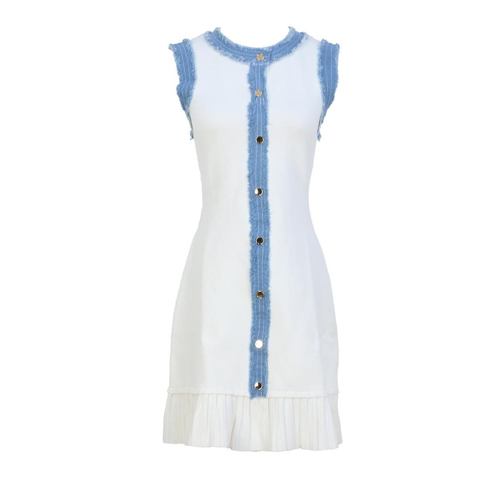2025 Spring/Summer Elegant Sleeveless Denim Patchwork Dress with Pleated Hem