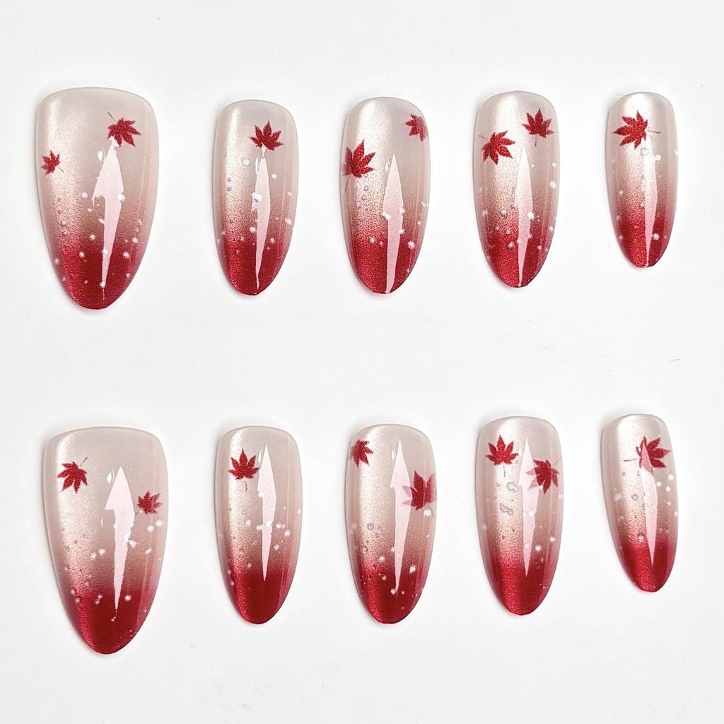 30Pcs Fall Press On Nails Medium Almond Red Maple Leaf Fake Nails with Gradient Designs Fall Leaves Stick On Nails Full Cover Autumn Acrylic Nails