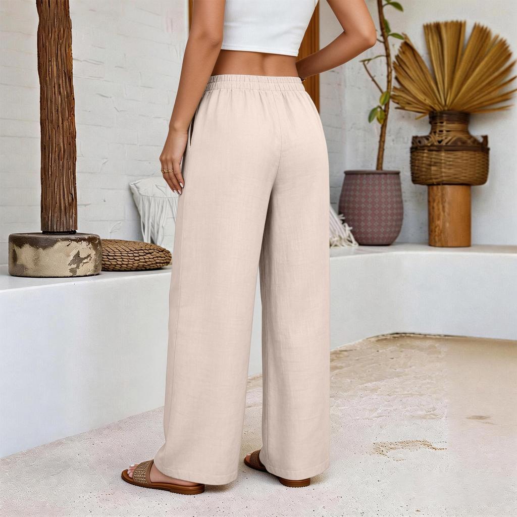 Damen Baumwolle Leinen Bequem Farbe Locker Elastischer Bund Lässig Weites Bein Hose